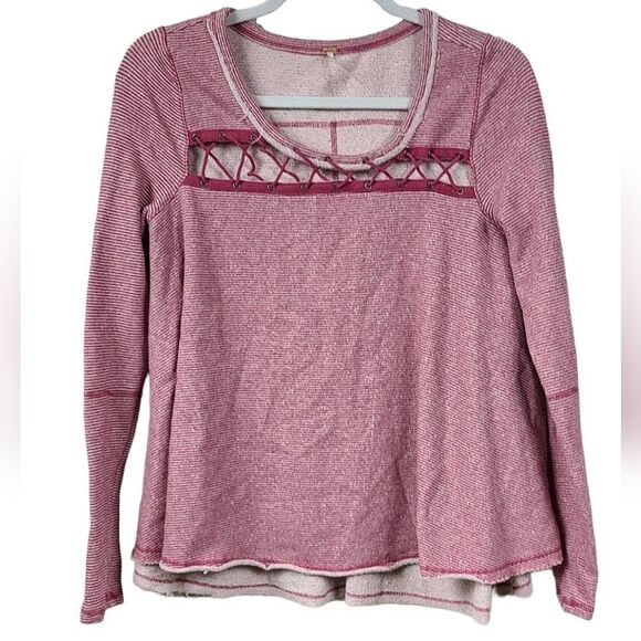 Free People Lacey Love Cutout Top French Terry Soft Berry Stripe Pullover - Picture 15 of 15